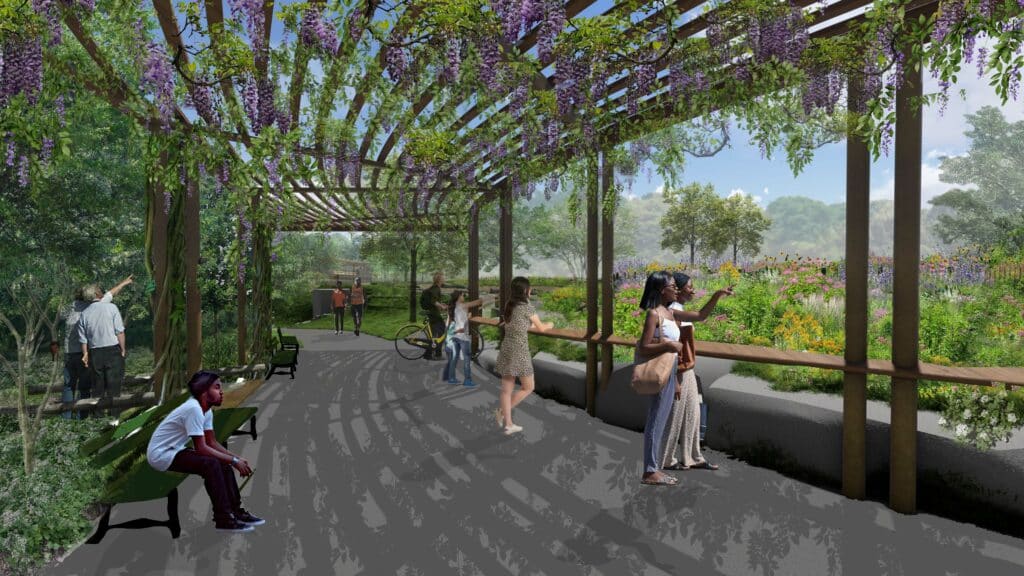 An architectural rendering of the design for the Pollinator Meadow and Arbor in the Vale. In the foreground, visitors stand under a shady arbor, looking out at a meadow. In the background, a meadow filled with flowers is visible.