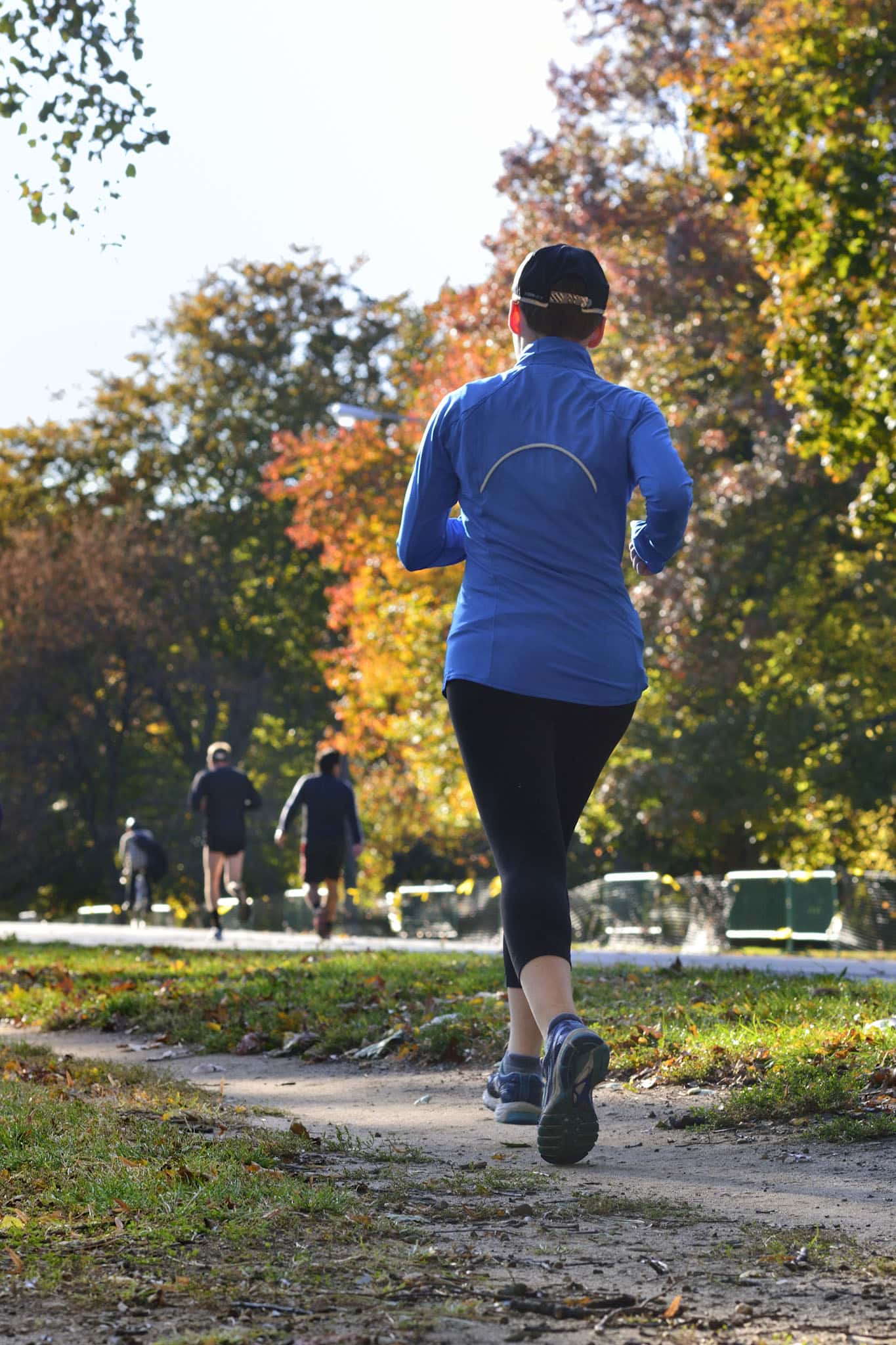 A person in a blu shirt running on a trail in the grass.