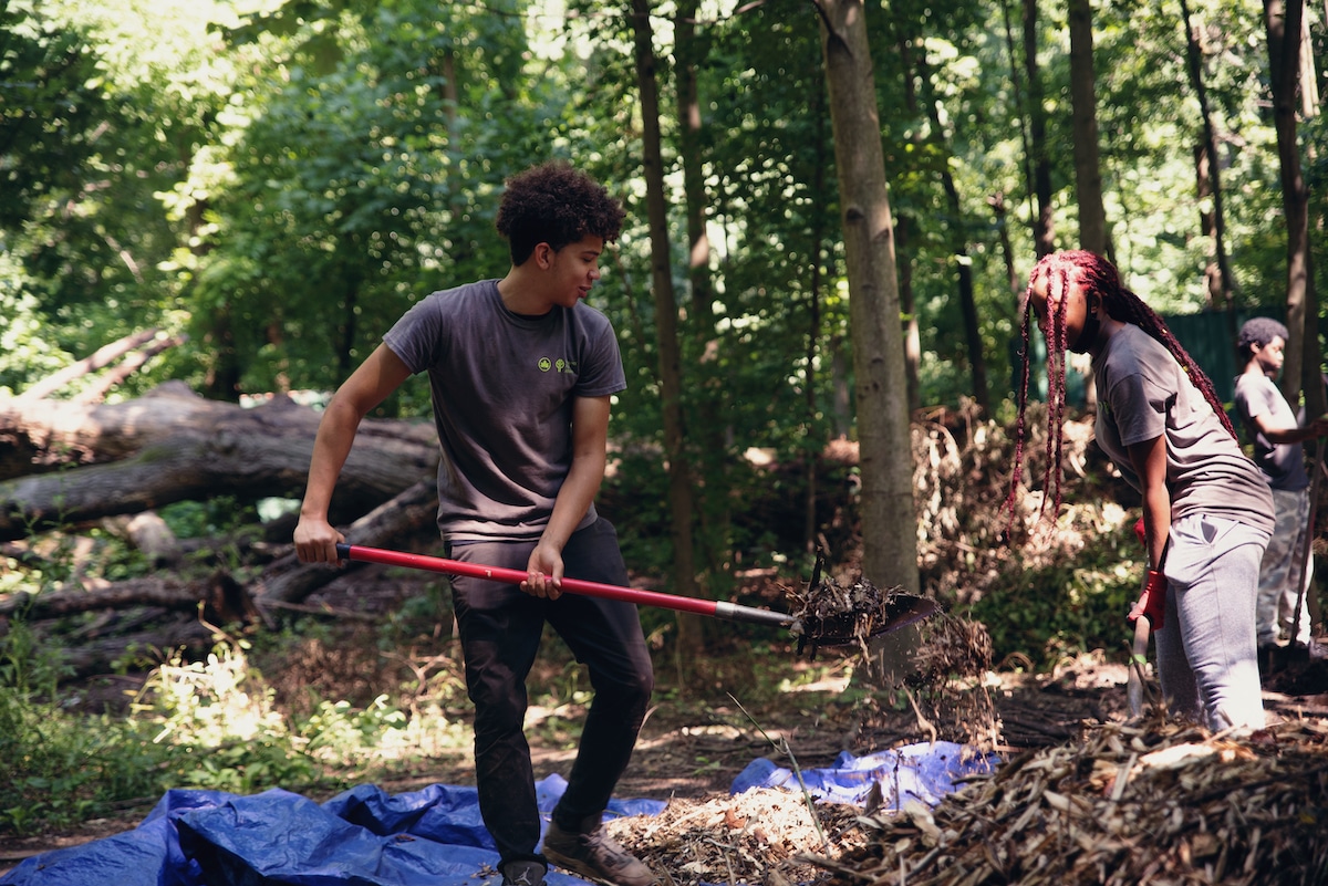 Prospect Park Alliance Volunteers cleaning up tree bark and branches in Prospect Park's woodlands.