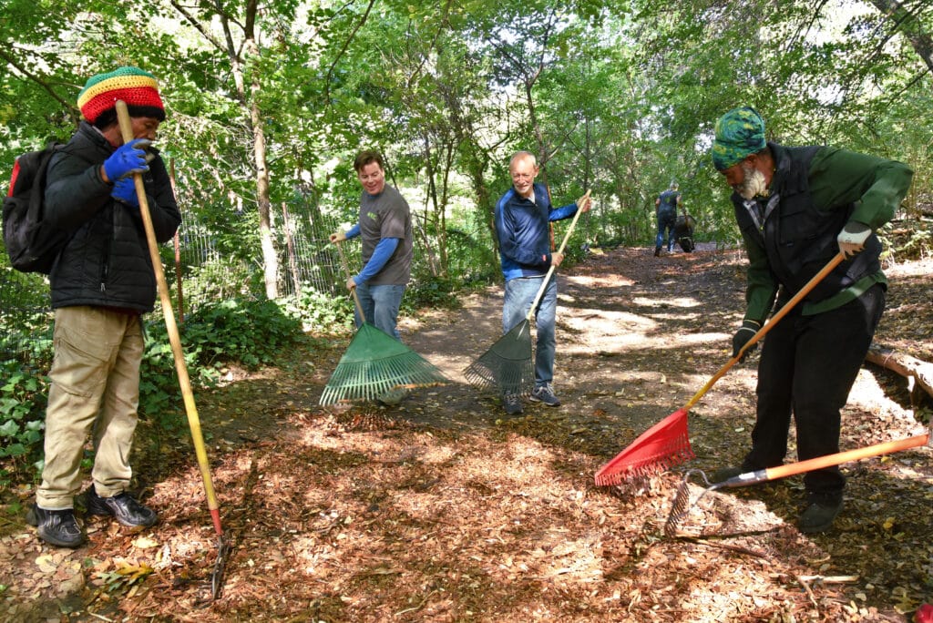 4 people raking mulch