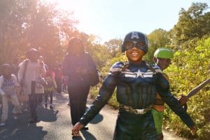 a kid dressed as Captain America for Halloween in Prospect Park